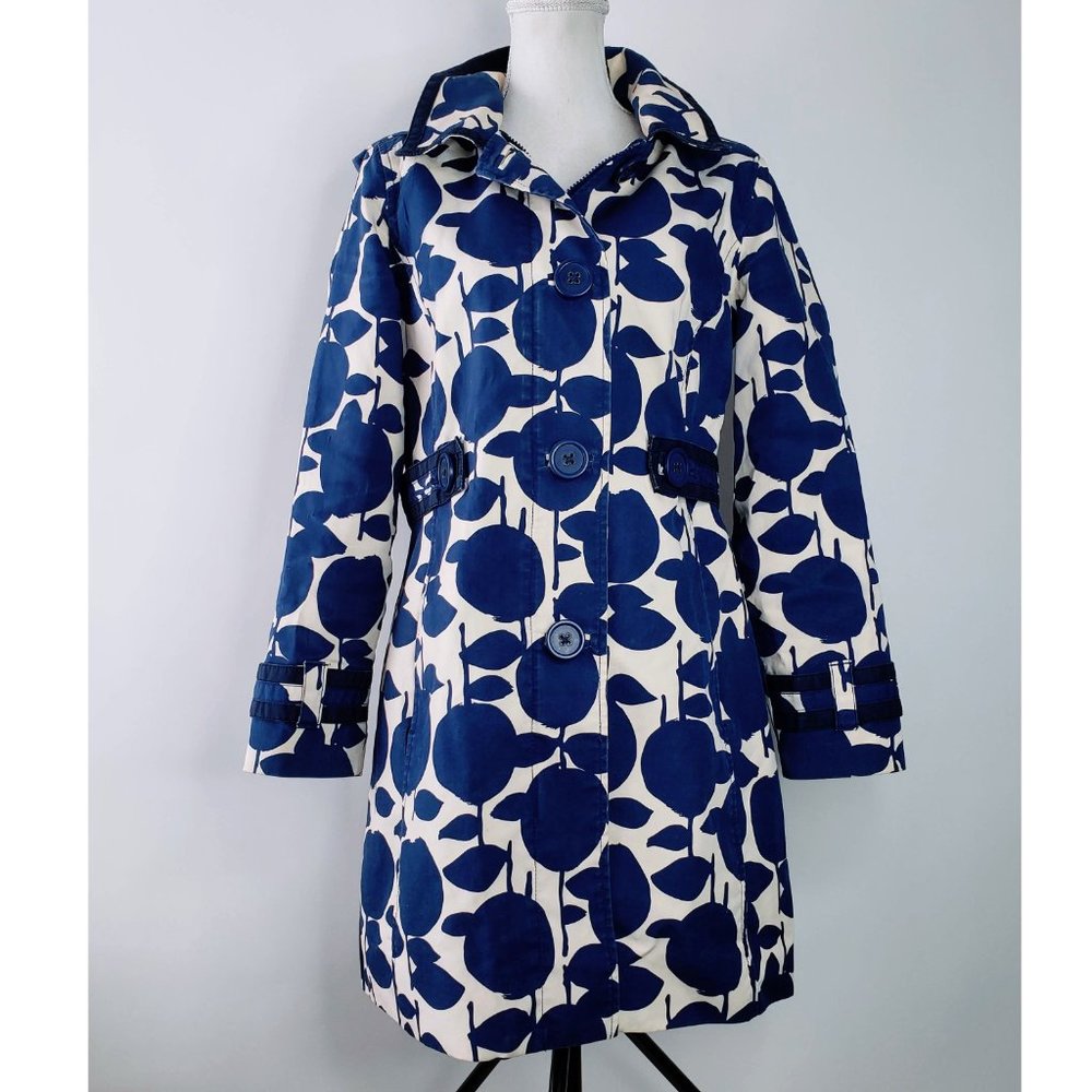 Boden Blue White Floral Button Down Hooded Rain Coat 10